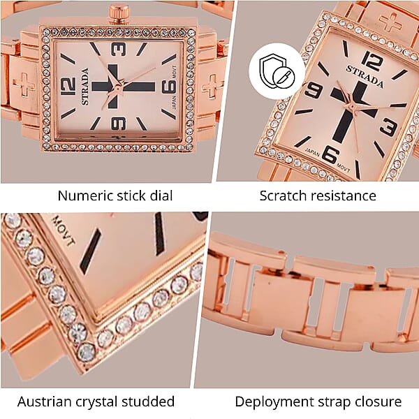 Shop Lc Strada White Austrian Crystal Japanese Movement Cross Pattern & Rosegold Dial Watch With Rosetone Strap (26.16-30.48 Mm) (6.75-8.25 Inches)