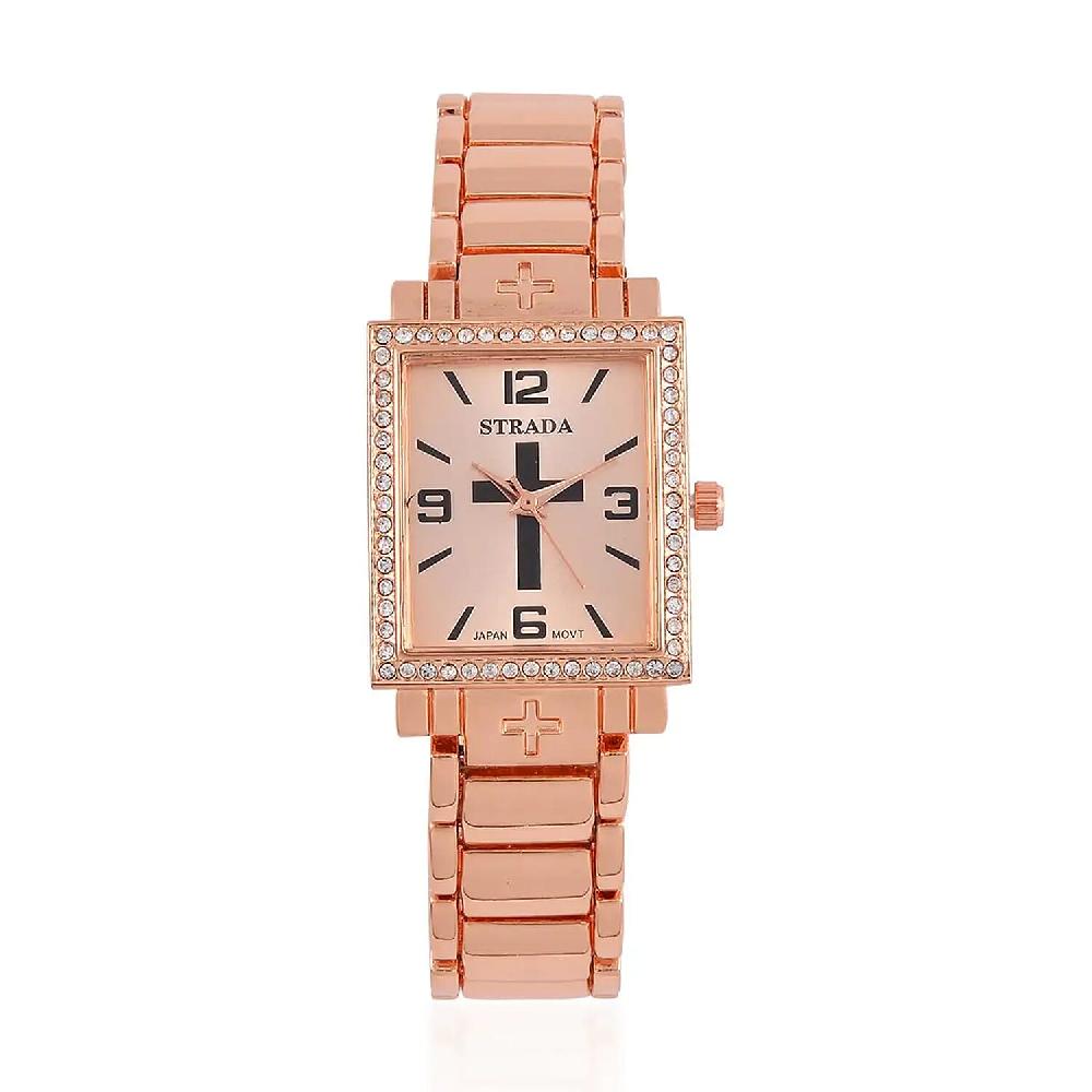 shop lc Strada White Austrian Crystal Japanese Movement Cross Pattern & Rosegold Dial Watch with Rosetone Strap (26.16-30.48 mm) (6.75-8.25 Inches)