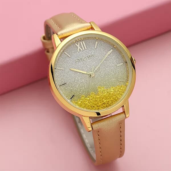 Shop Lc Strada Yellow Austrian Crystal Japanese Movement Stardust Dial Watch In Gold Faux Leather Strap (34.79mm) (5.5-7.25 Inches)