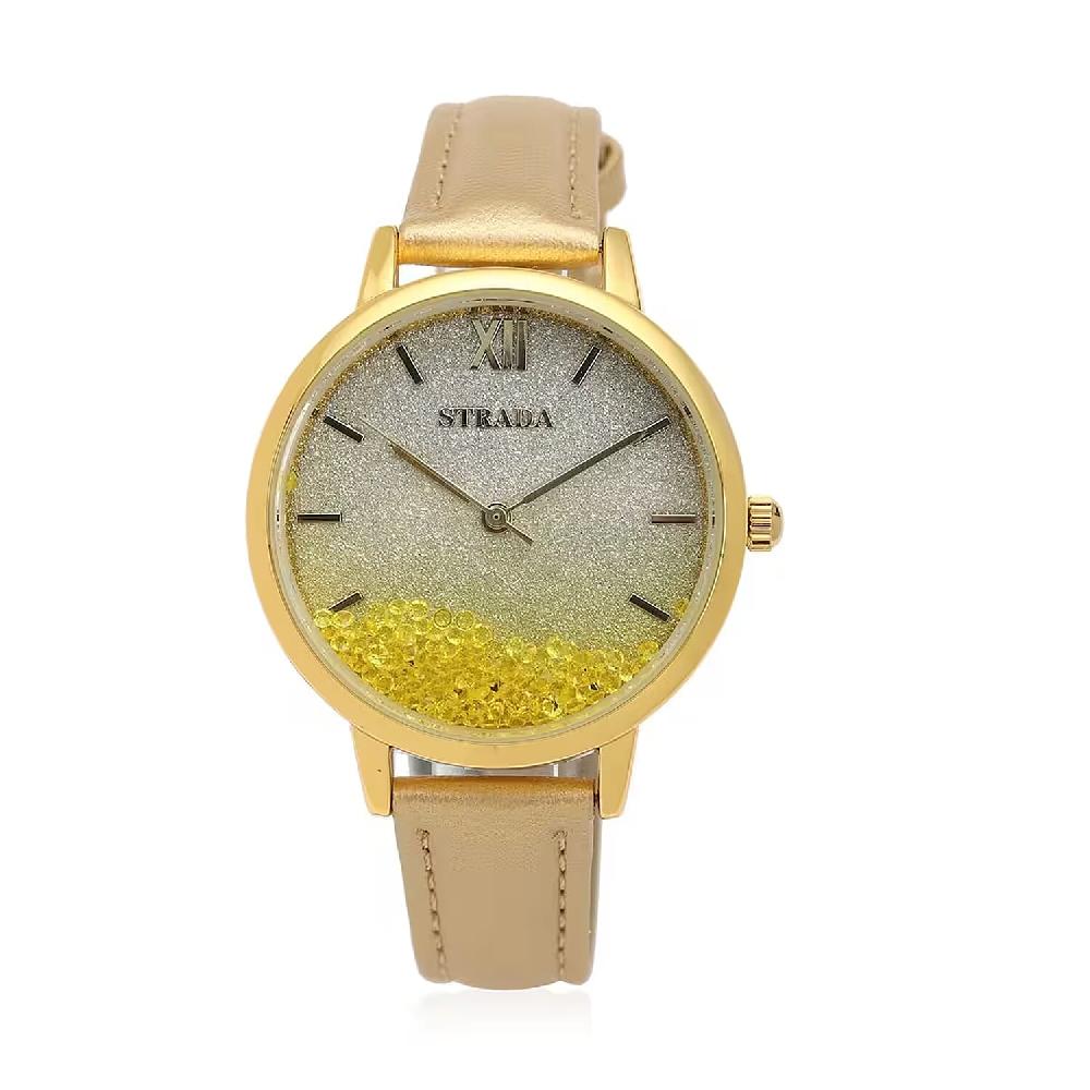 shop lc Strada Yellow Austrian Crystal Japanese Movement Stardust Dial Watch in Gold Faux Leather Strap (34.79mm) (5.5-7.25 Inches)