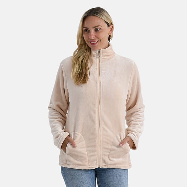 Shop Lc Tamsy Beige Velvet Zip Front Jacket With 2 Front Pockets - S/M