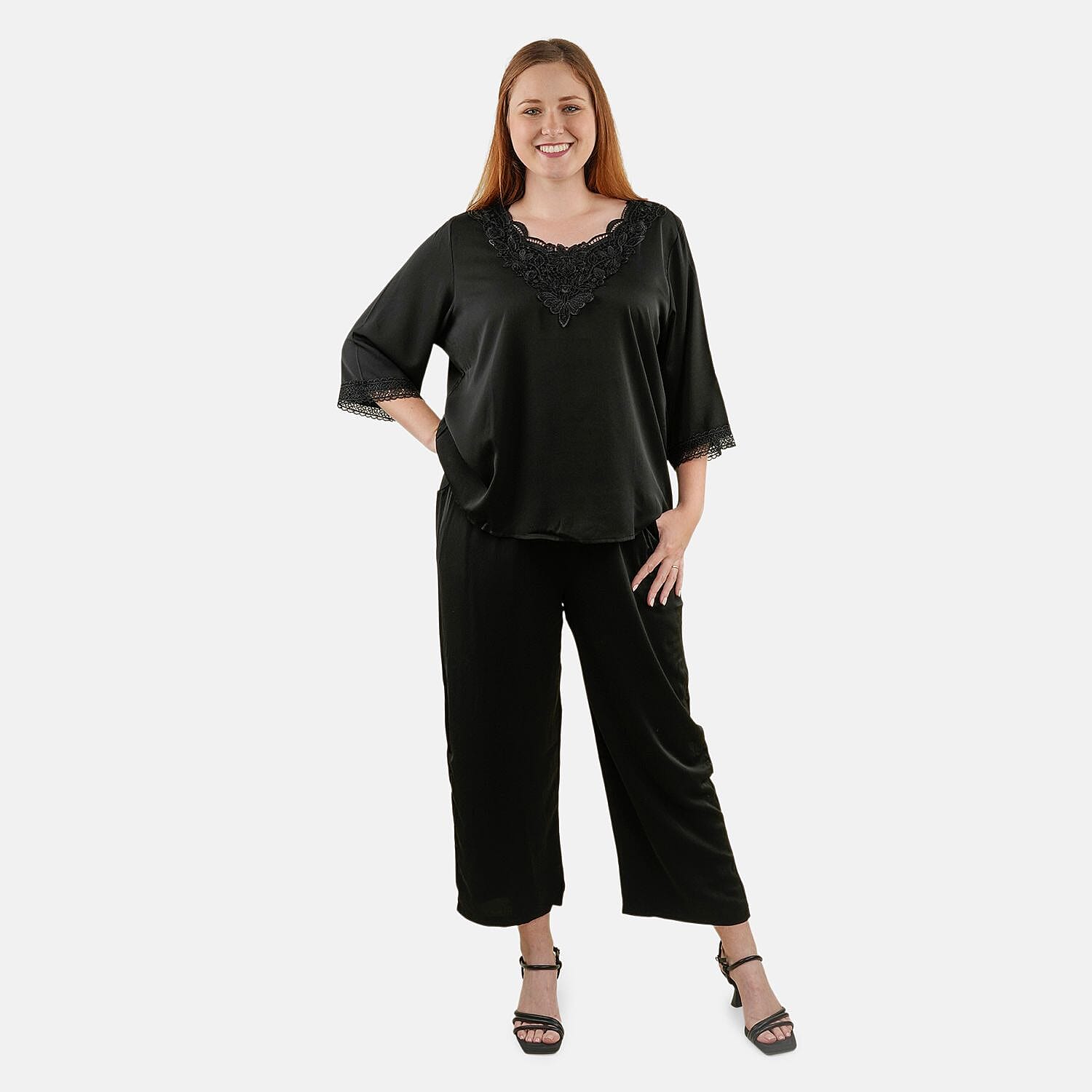 shop lc Tamsy Black 2 Piece Lace Top and Pant Set - M/L