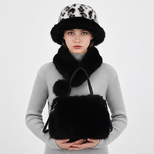 Shop Lc Tamsy Black 3 Piece Set Of Printed Round Hat Scarf And Fur Bag