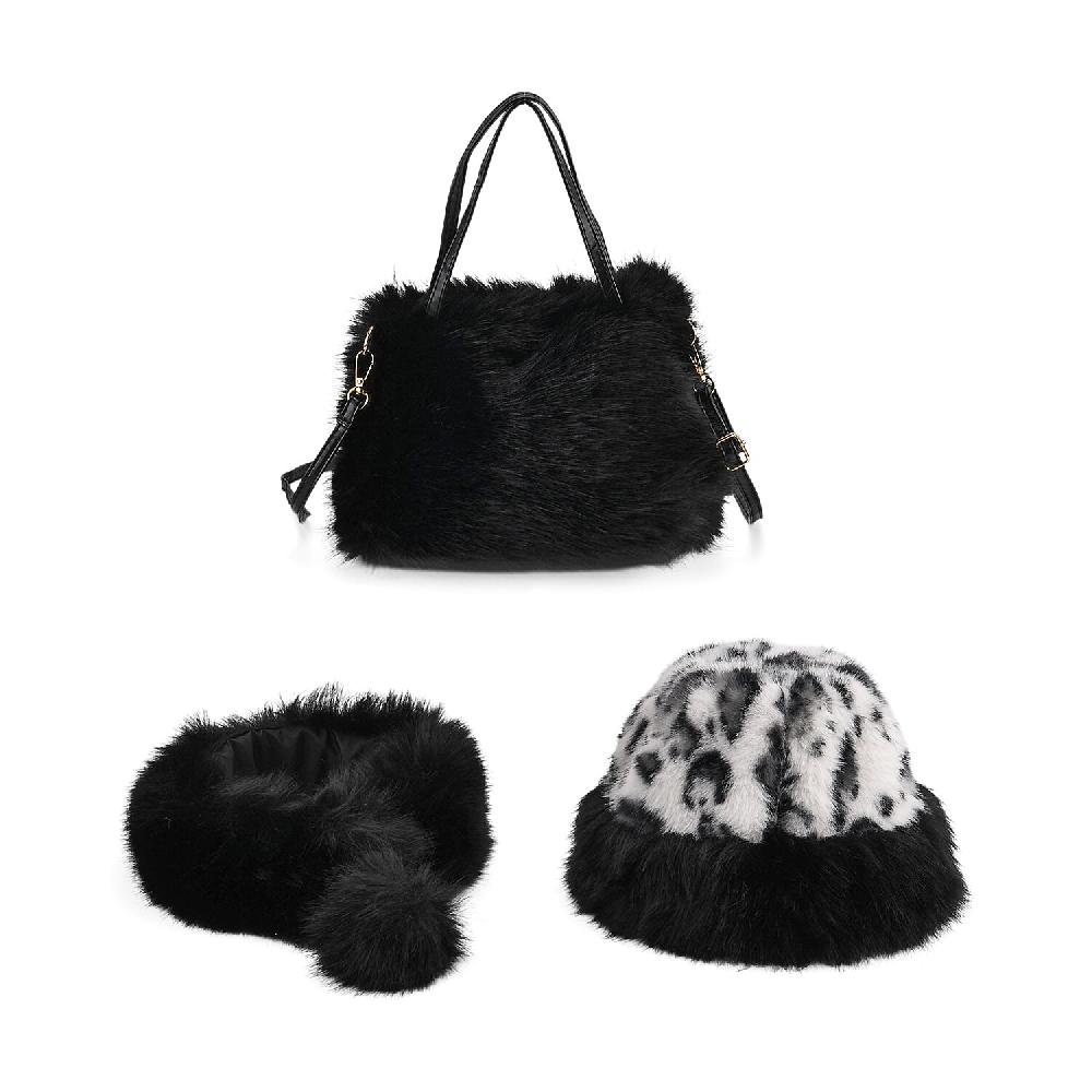 shop lc Tamsy Black 3 Piece Set of Printed Round Hat Scarf and Fur Bag