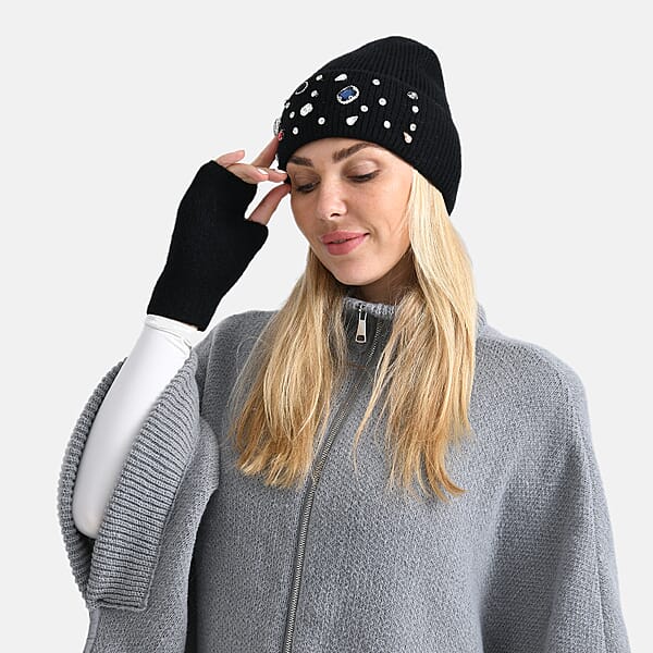 Shop Lc TAMSY Black Acrylic Heavy Knit Beanie With Multi Jewels