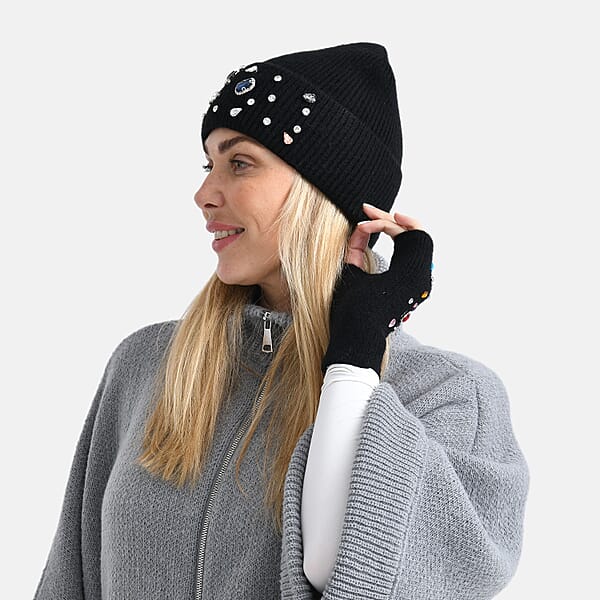 Shop Lc TAMSY Black Acrylic Heavy Knit Beanie With Multi Jewels