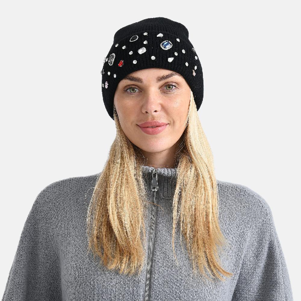 shop lc TAMSY Black Acrylic Heavy Knit Beanie with Multi Jewels