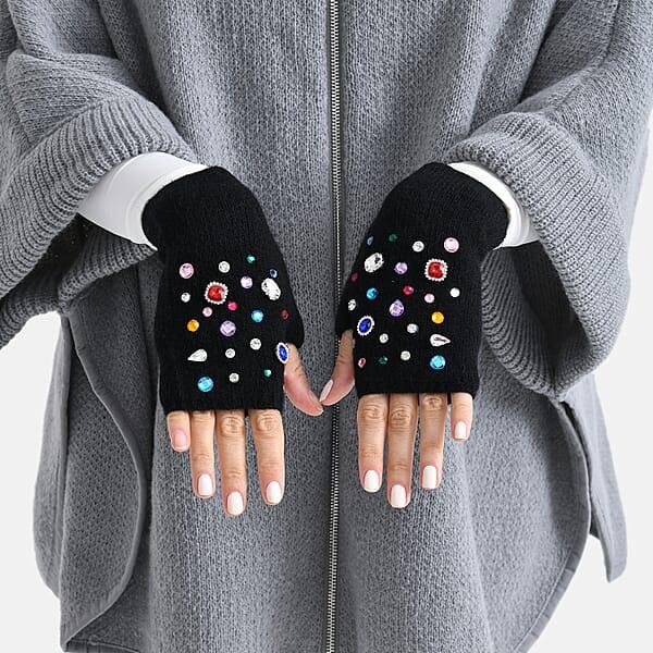 Shop Lc TAMSY Black Acrylic Heavy Knit Gloves With Multi Jewels