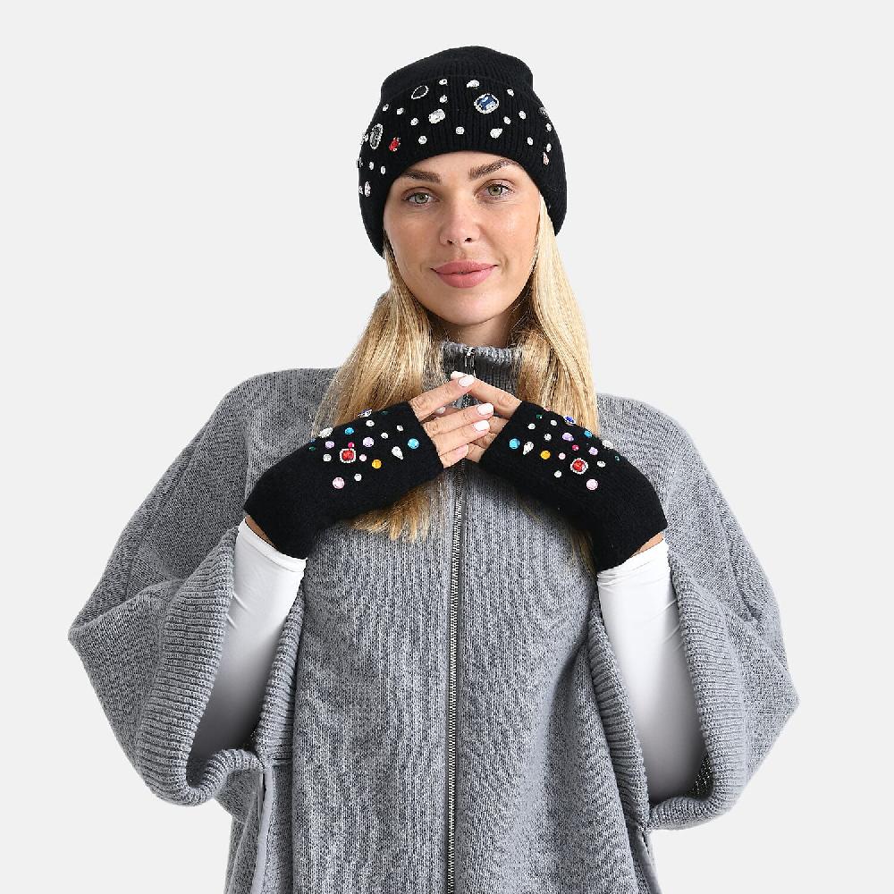 shop lc TAMSY Black Acrylic Heavy Knit Gloves with Multi Jewels