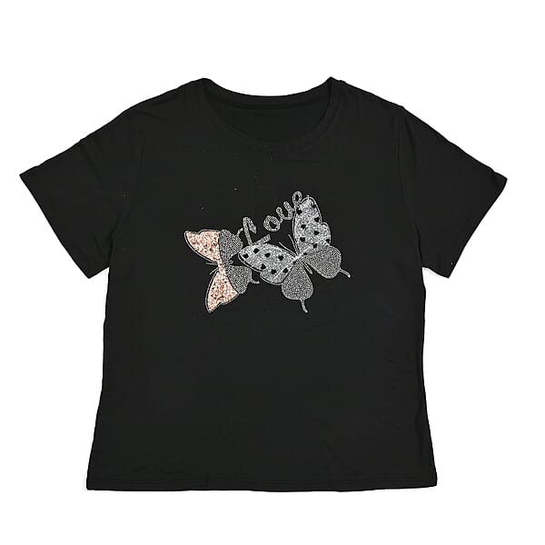 Shop Lc Tamsy Black Butterfly Design Short Sleeve Shirt - One Size Fits Up To XLarge