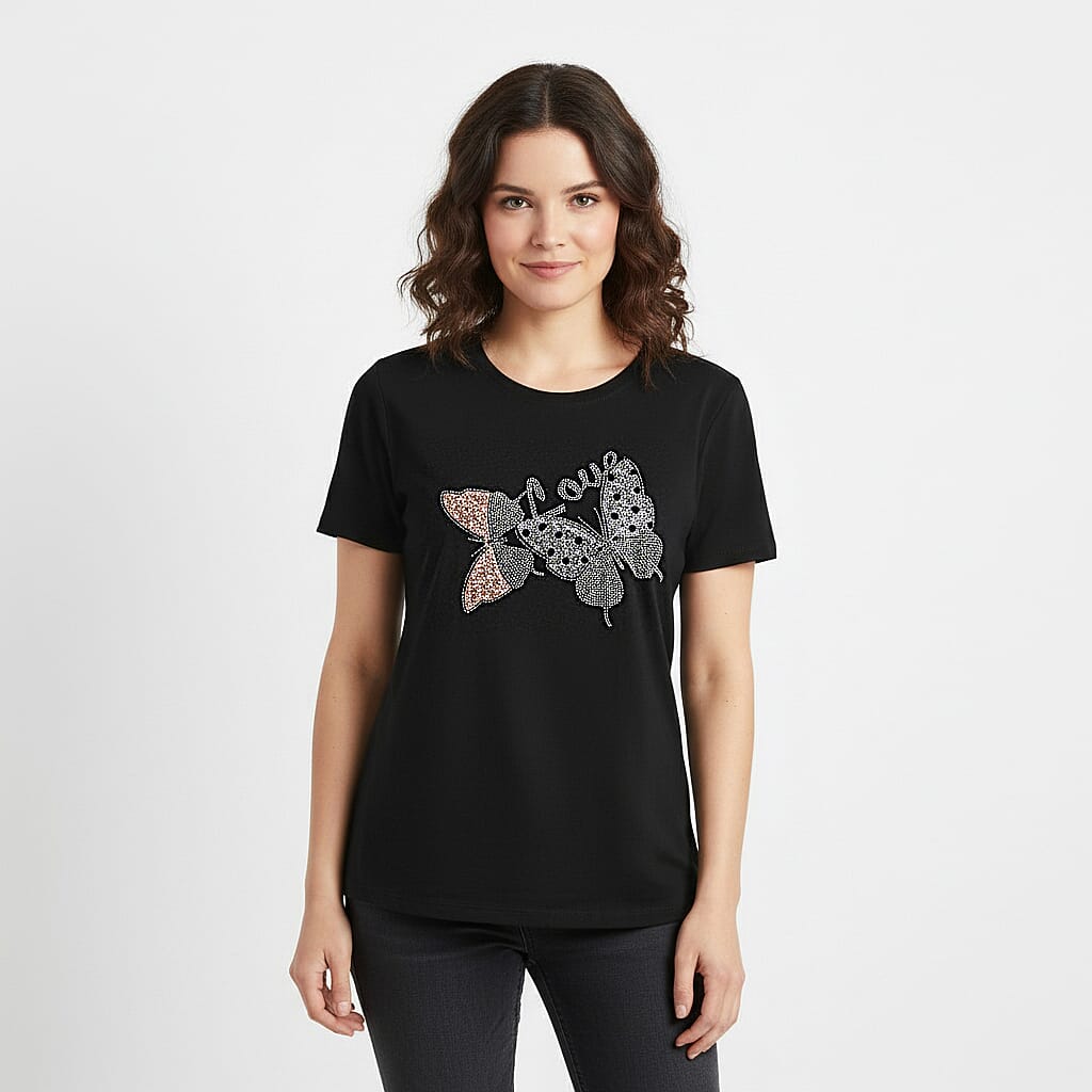 shop lc Tamsy Black Butterfly Design Short Sleeve Shirt - One Size Fits Up to XLarge