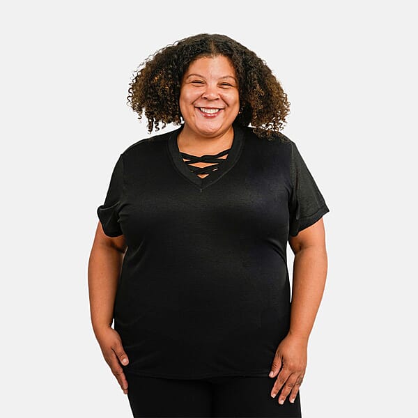 Shop Lc Tamsy Black Cross Front Slub Knit T-shirt - One Size Missy