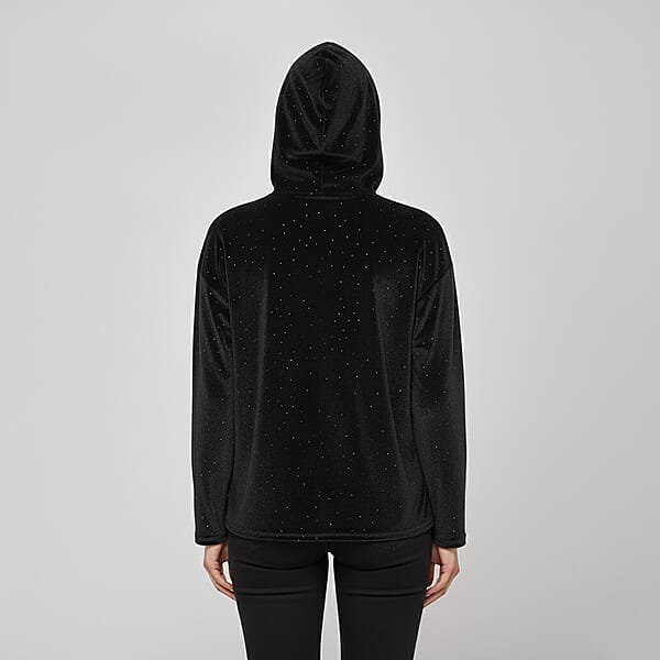 Shop Lc Tamsy Black Crystal Embedded Glitter Top With Hoodie - One Size Fits Most
