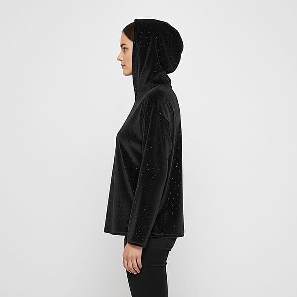 Shop Lc Tamsy Black Crystal Embedded Glitter Top With Hoodie - One Size Fits Most