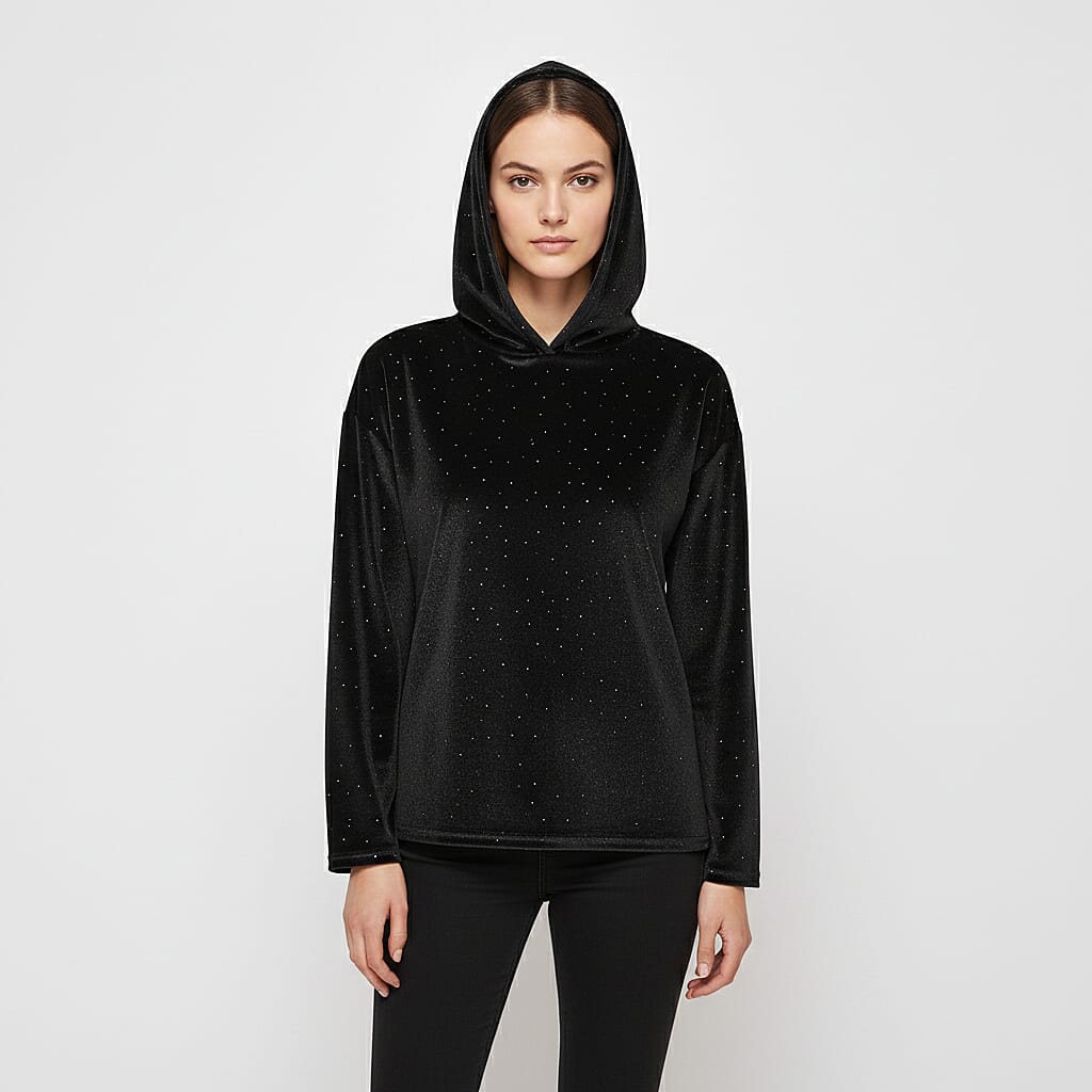 shop lc Tamsy Black Crystal Embedded Glitter Top with Hoodie - One Size Fits Most