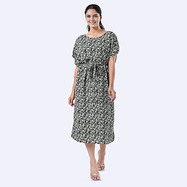 Shop Lc Tamsy Black Floral Polyester Crepe Kaftan Dress With Belt - One Size Fits Most