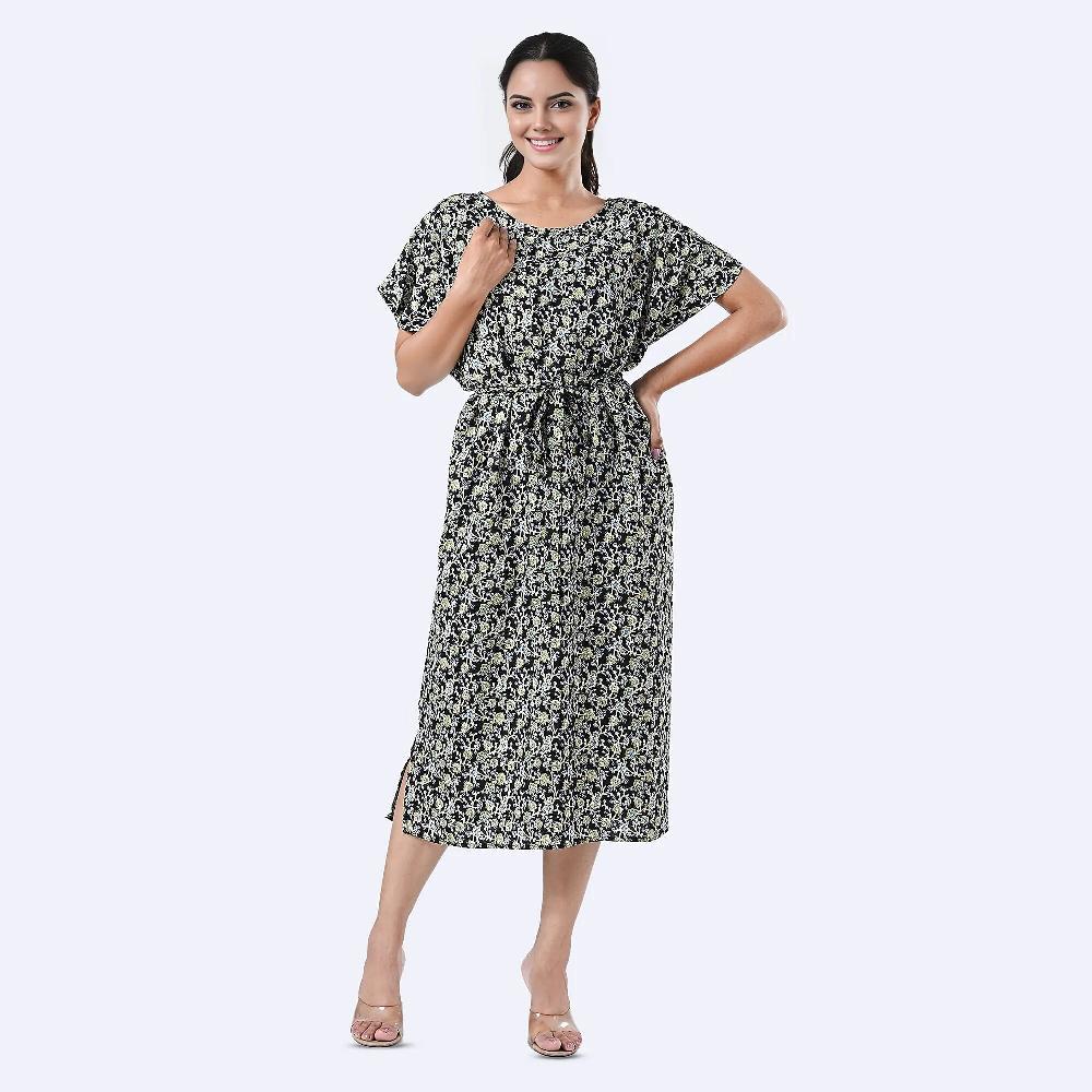 shop lc Tamsy Black Floral Polyester Crepe Kaftan Dress with Belt - One Size Fits Most