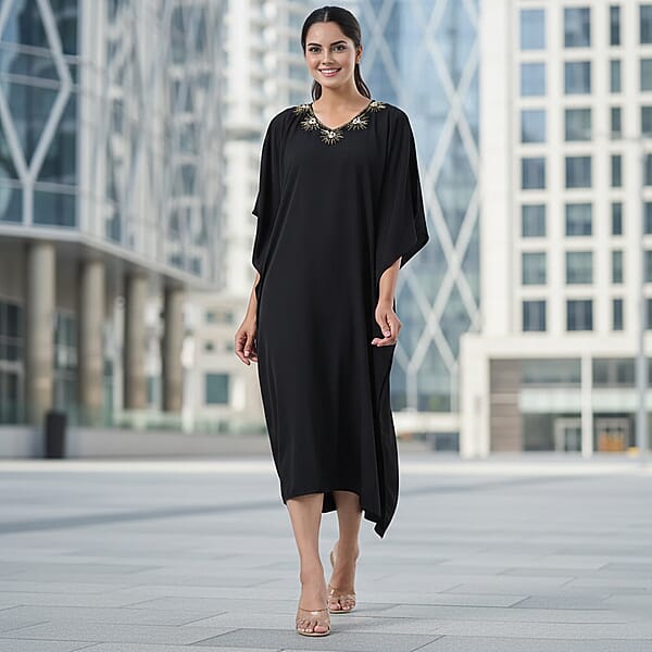 Shop Lc Tamsy Black Gold Bead And Crystal Polyester Crepe Kaftan - One Size Fits Most