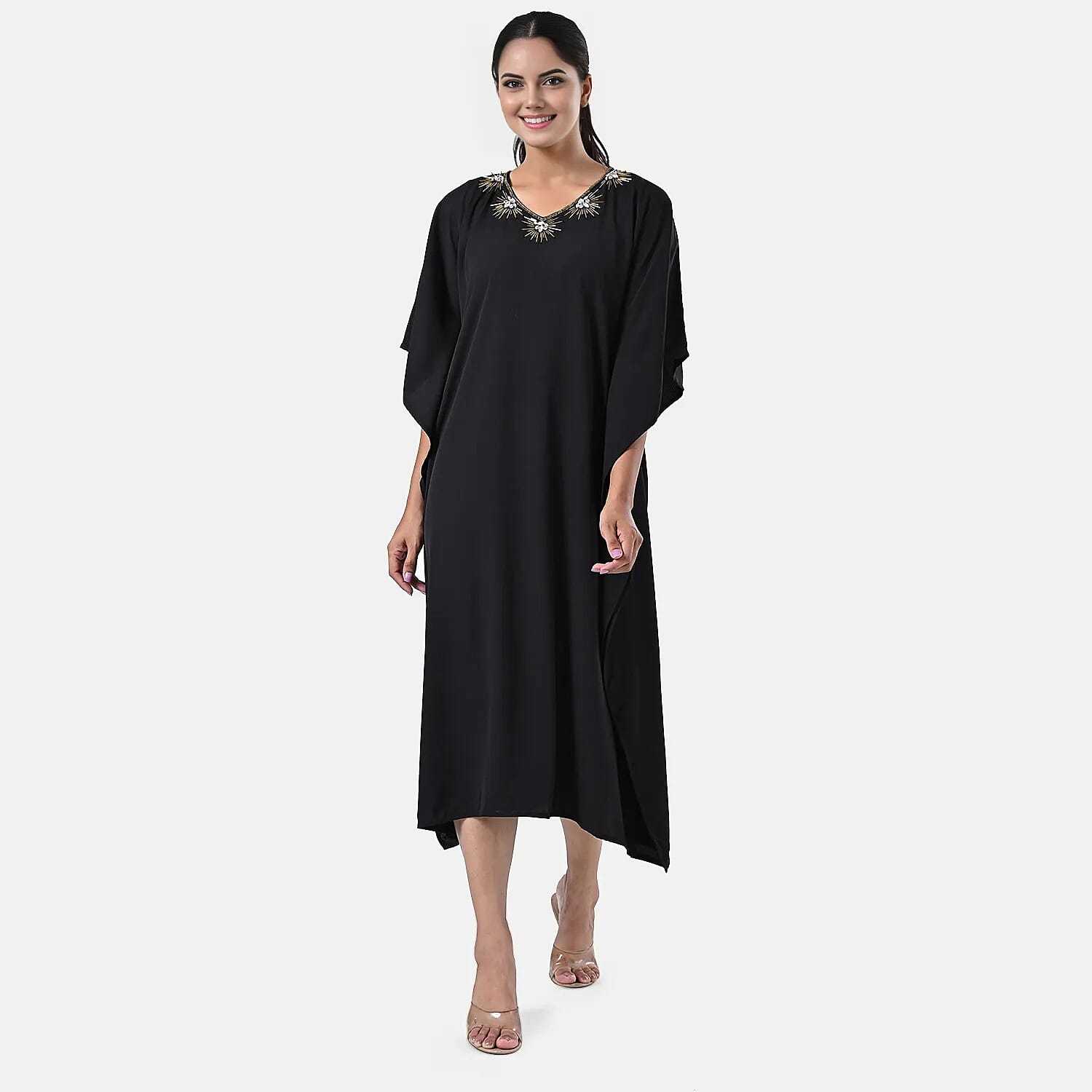 shop lc Tamsy Black Gold Bead and Crystal Polyester Crepe Kaftan - One Size Fits Most