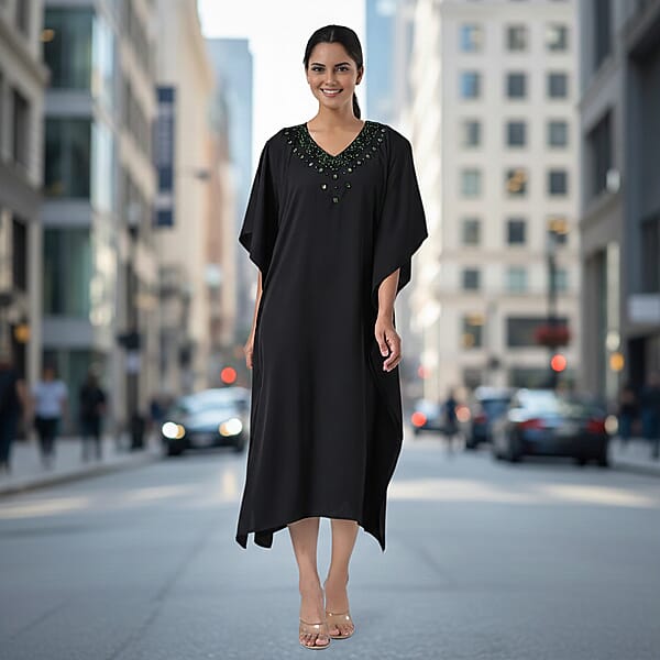 Shop Lc Tamsy Black Green Bead And Crystal Polyester Crepe Kaftan - One Size Fits Most