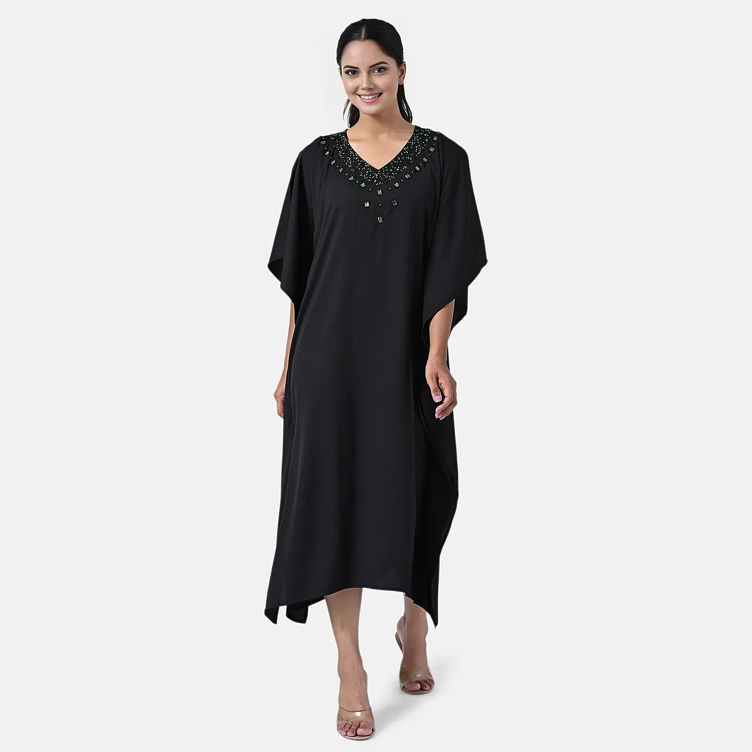 shop lc Tamsy Black Green Bead and Crystal Polyester Crepe Kaftan - One Size Fits Most