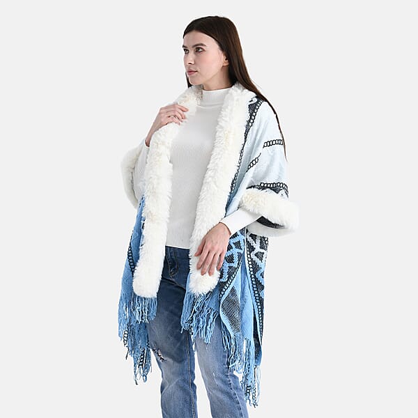 Shop Lc Tamsy Black Kite Shape Embroidered Poncho With Faux Fur Trime And Fringe