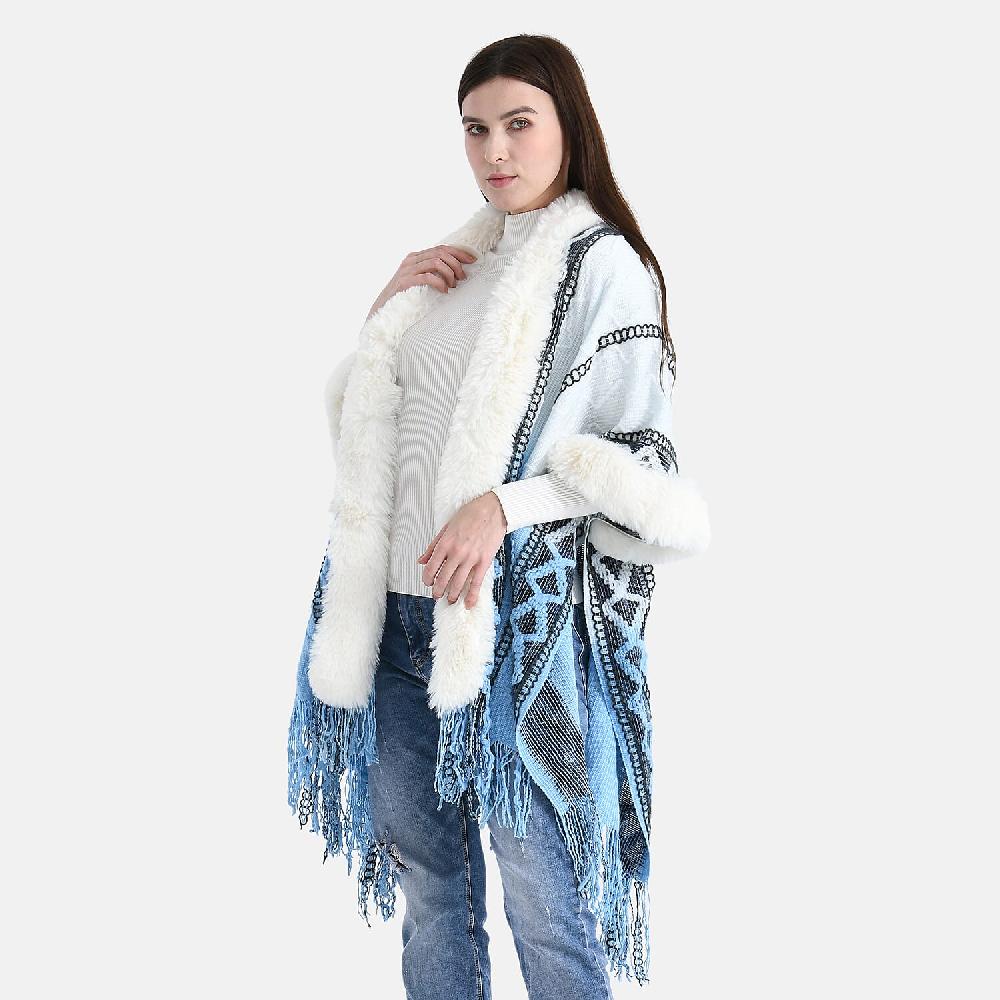 shop lc Tamsy Black Kite Shape Embroidered Poncho with Faux Fur Trime and Fringe