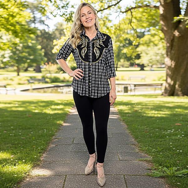 Shop Lc Tamsy Black Plaid Crystal Leaf Button-Up Collared Blouse – S/M