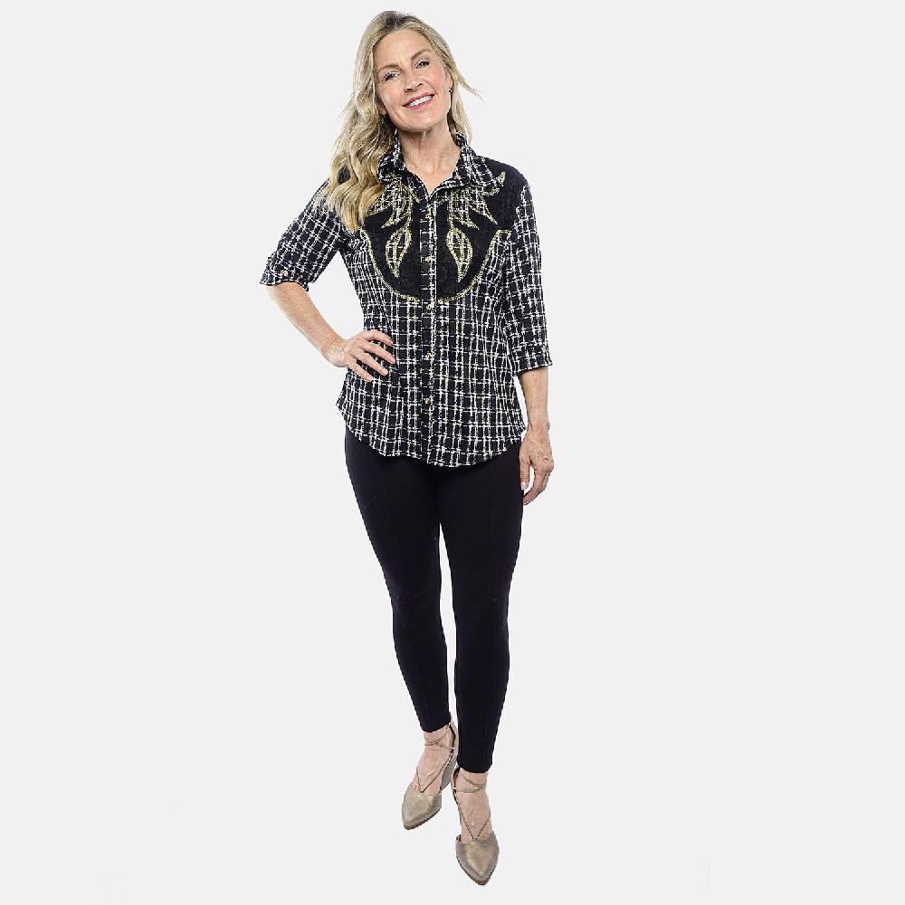 shop lc Tamsy Black Plaid Crystal Leaf Button-Up Collared Blouse – S/M