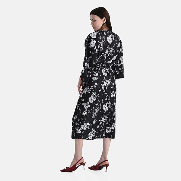 Shop Lc TAMSY Black Pleated 3/4 Sleeve Midi Dress With Waist Tie Belt - One Size Fits Most