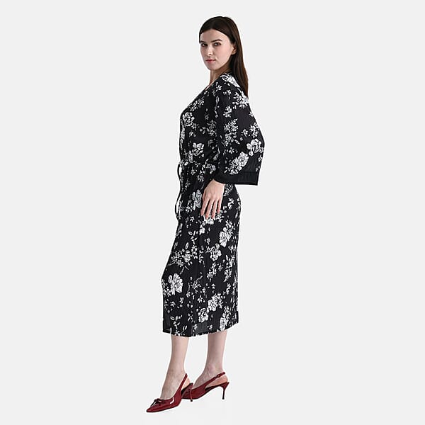 Shop Lc TAMSY Black Pleated 3/4 Sleeve Midi Dress With Waist Tie Belt - One Size Fits Most