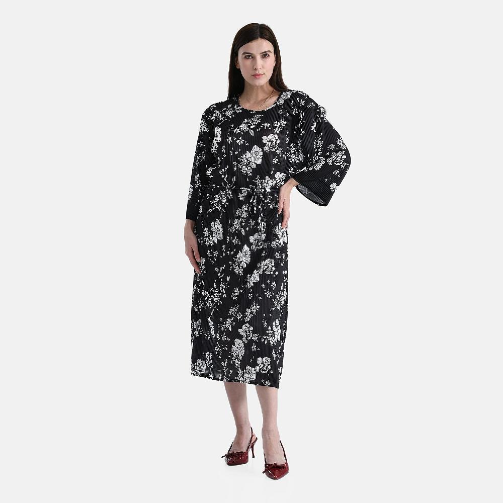 shop lc TAMSY Black Pleated 3/4 Sleeve Midi Dress with Waist Tie Belt - One Size Fits Most