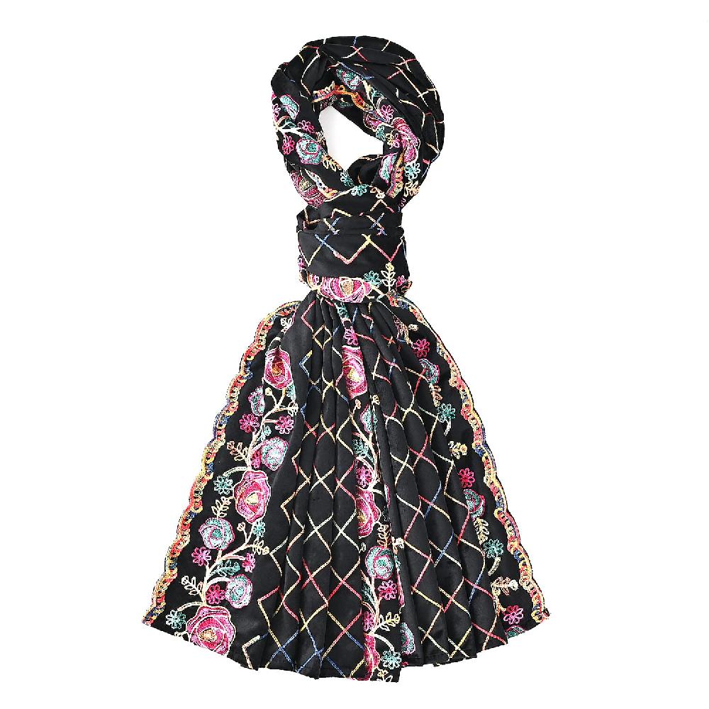 shop lc TAMSY Black Rose Floral Embroidered Polyester Scarf - One Size