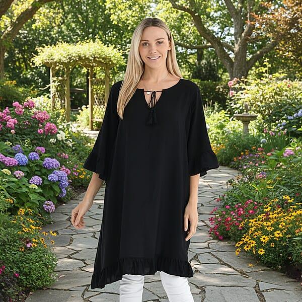 Shop Lc Tamsy Black Ruffle Hem Blouse With Tassel Neck Tie - One Size Fits Most