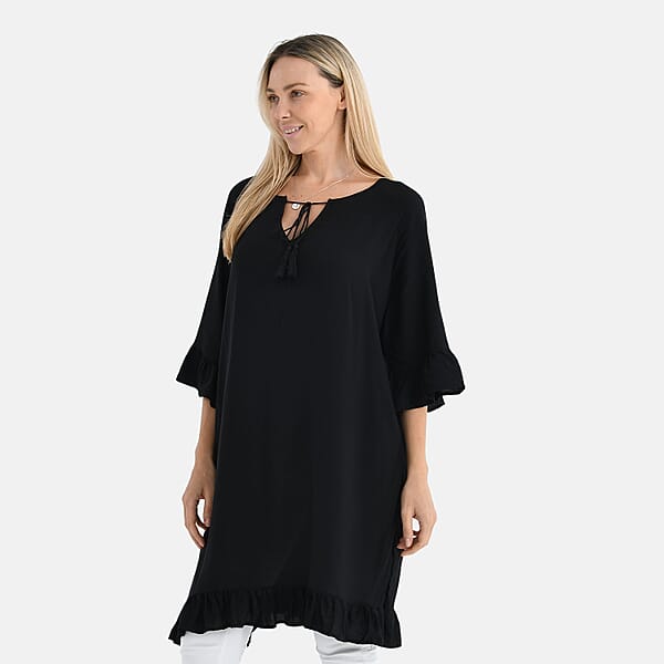Shop Lc Tamsy Black Ruffle Hem Blouse With Tassel Neck Tie - One Size Fits Most