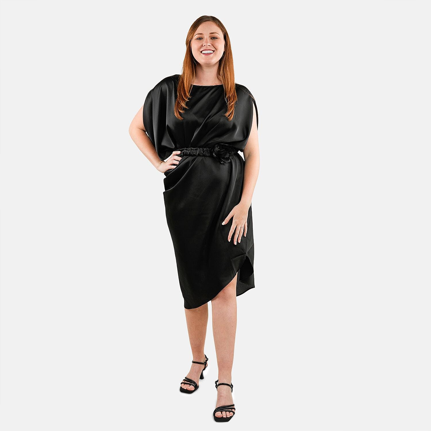 shop lc Tamsy Black Satin Drape Dress with Removable Rose Stretch Belt – One Size Fits Most
