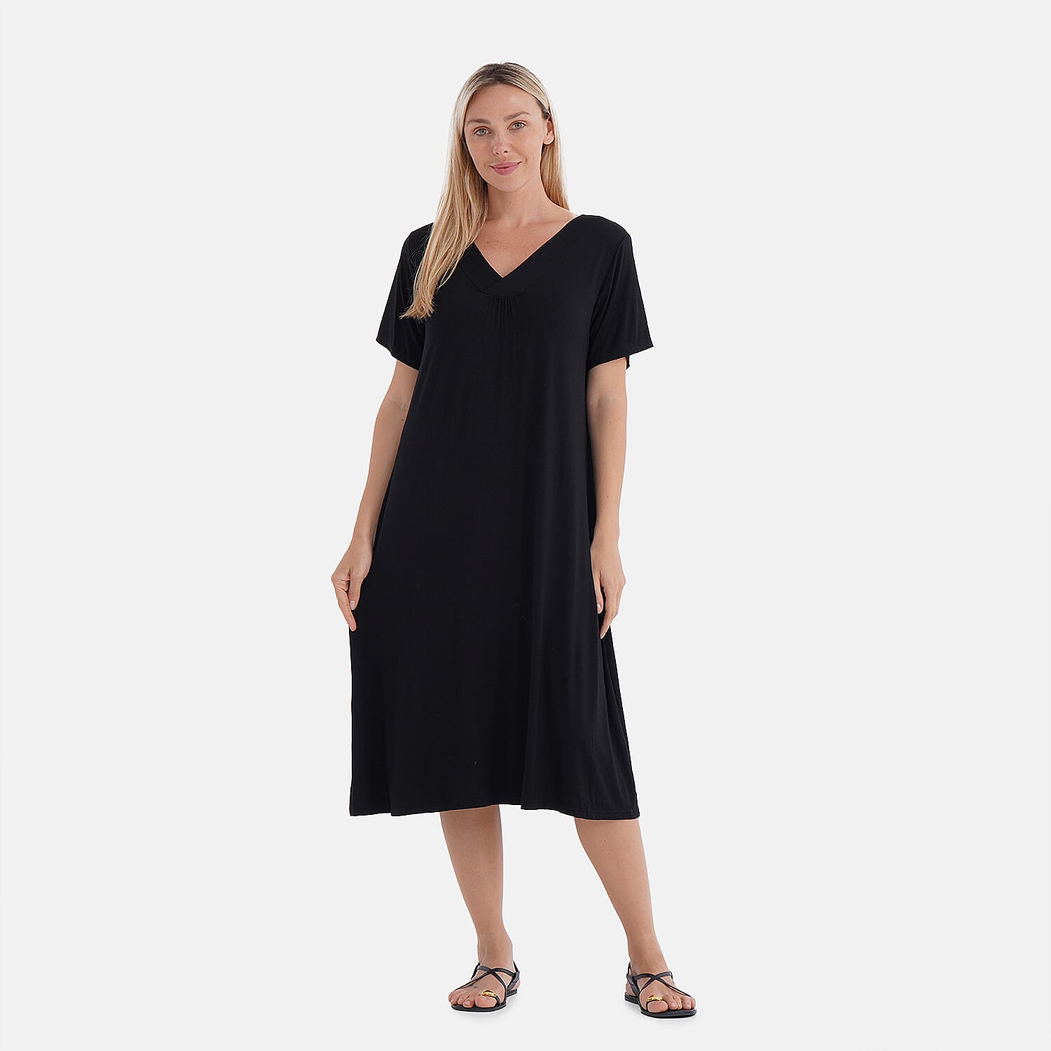 shop lc TAMSY Black Solid Knit Summer House Dress with Sleeves - One Size Fits Most