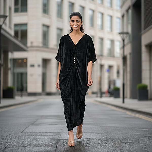 Shop Lc TAMSY Black Stretch Velvet Drape Kaftan Dress With Front Button Detail- One Size Fits Most