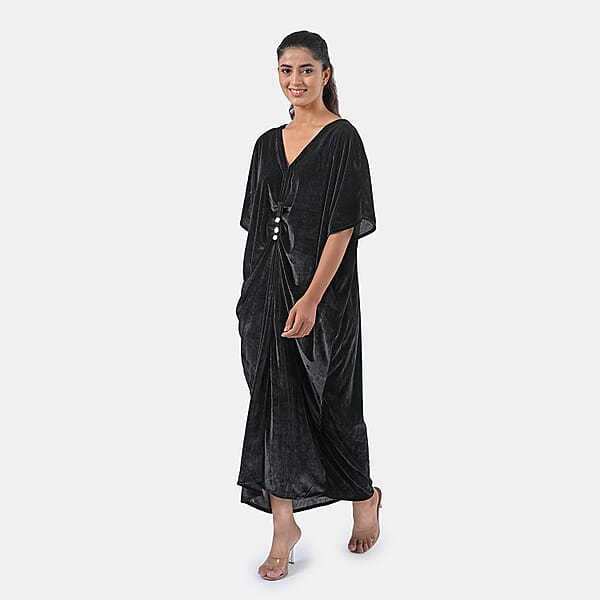 Shop Lc TAMSY Black Stretch Velvet Drape Kaftan Dress With Front Button Detail- One Size Fits Most