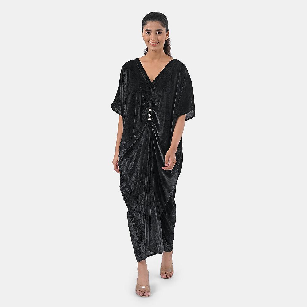 shop lc TAMSY Black Stretch Velvet Drape Kaftan Dress with Front Button Detail- One Size Fits Most