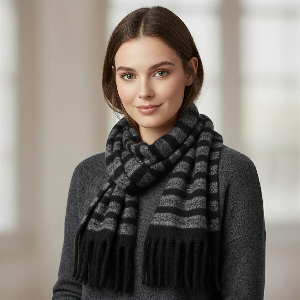 shop lc TAMSY Black Striped Metallic Thread Soft Plush Scarf with Fringe– One Size