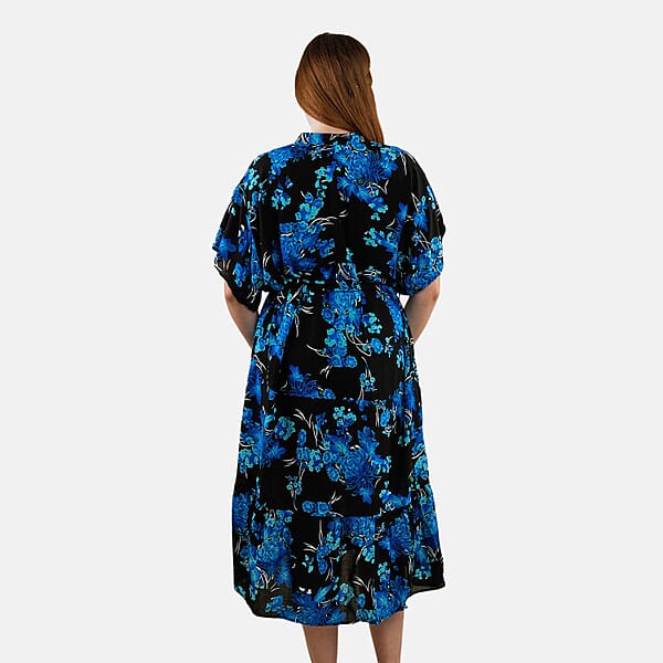 Shop Lc Tamsy Blue Floral Front Placket Shirt Dress With Fabric Waist Tie - One Size Fits Most