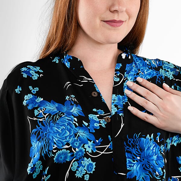 Shop Lc Tamsy Blue Floral Front Placket Shirt Dress With Fabric Waist Tie - One Size Fits Most