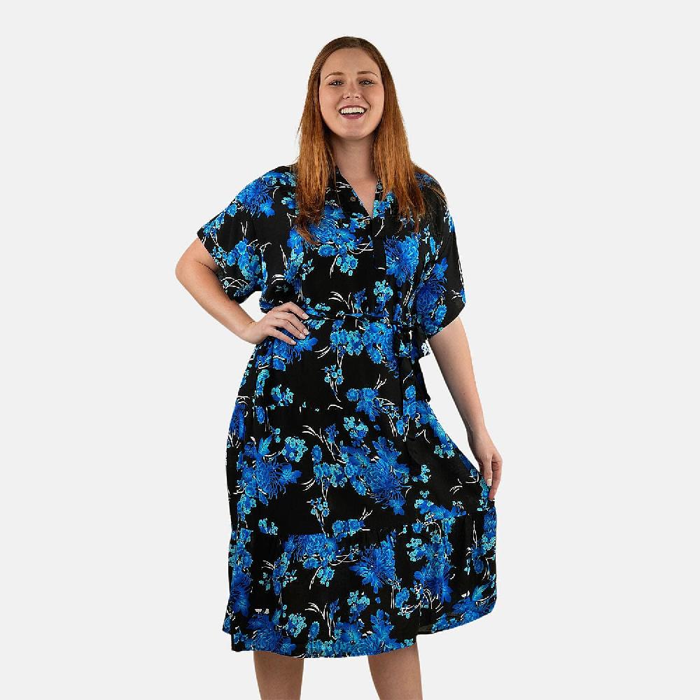 shop lc Tamsy Blue Floral Front Placket Shirt Dress with Fabric Waist Tie - One Size Fits Most