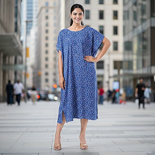 Shop Lc Tamsy Blue Floral Polyester Crepe Kaftan Dress With Belt - One Size Fits Most