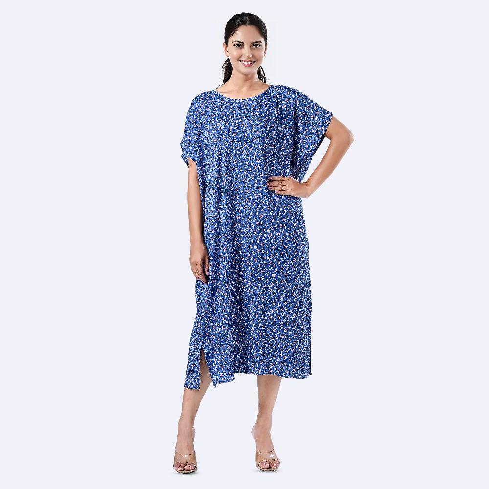 shop lc Tamsy Blue Floral Polyester Crepe Kaftan Dress with Belt - One Size Fits Most