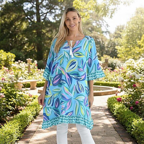 Shop Lc Tamsy Blue Leaf Ruffle Hem Blouse With Tassel Neck Tie - One Size Fits Most