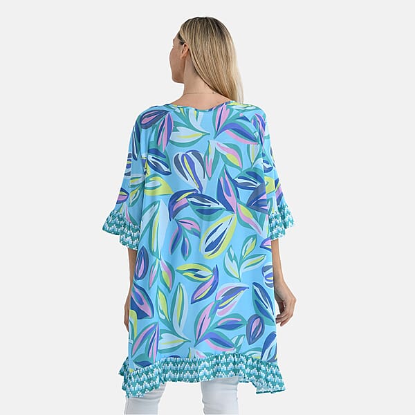 Shop Lc Tamsy Blue Leaf Ruffle Hem Blouse With Tassel Neck Tie - One Size Fits Most