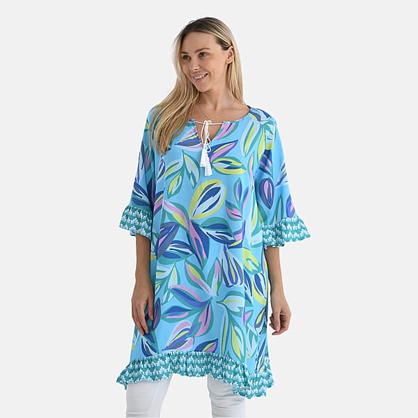 Shop Lc Tamsy Blue Leaf Ruffle Hem Blouse With Tassel Neck Tie - One Size Fits Most