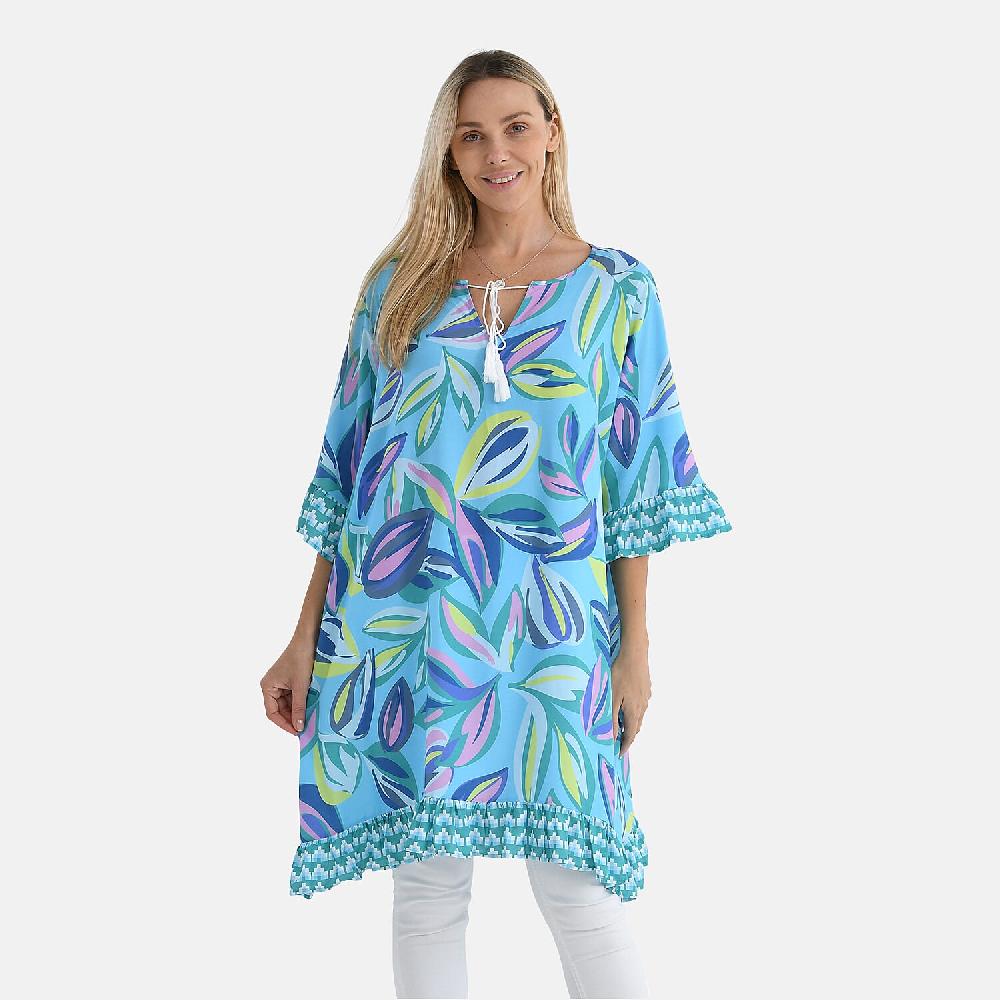 shop lc Tamsy Blue Leaf Ruffle Hem Blouse with Tassel Neck Tie - One Size Fits Most